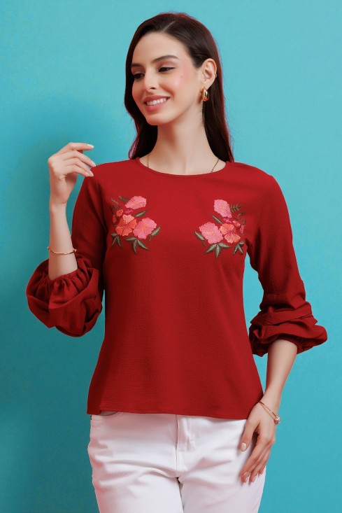 Balloon Sleeves Embroidered Top