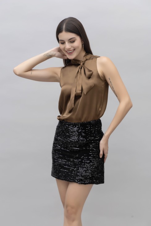 Sleeveless Tie Neck Satin Top