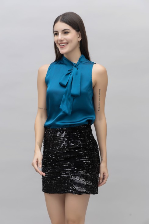 Sleeveless Tie Neck Satin Top