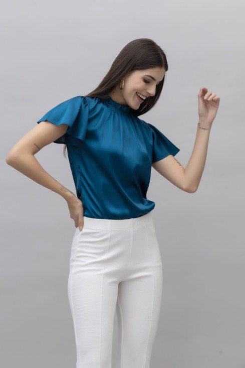 Frilled Neck Satin Top