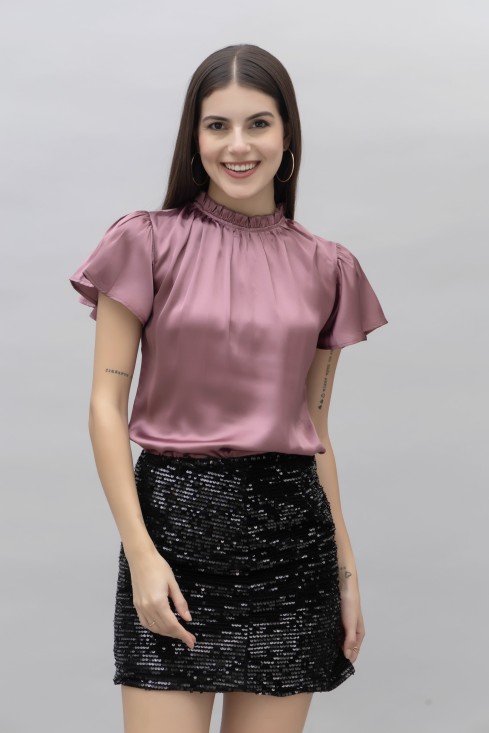 Frilled Neck Satin Top