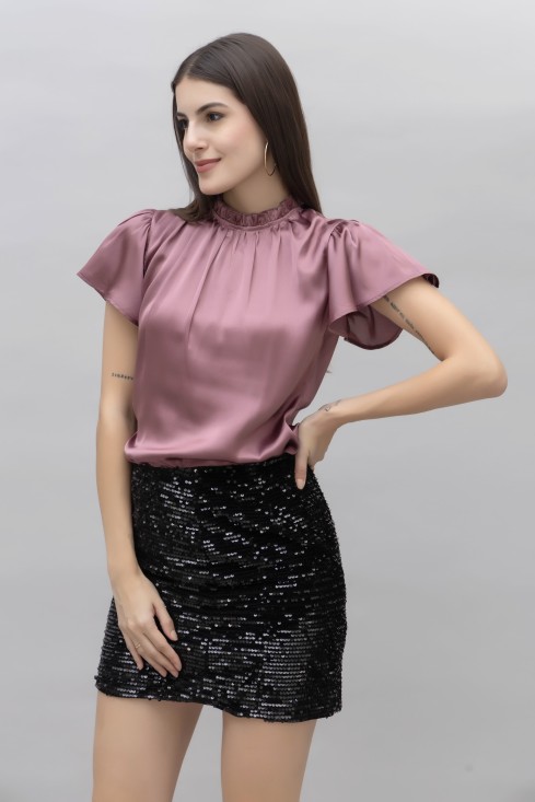 Frilled Neck Satin Top