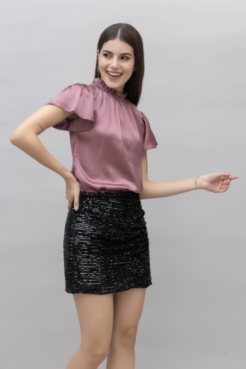 Frilled Neck Satin Top