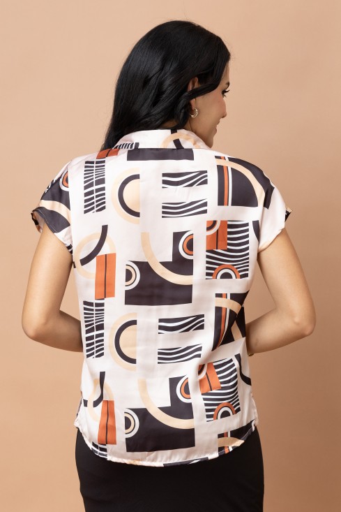 Abstract Printed Cuban Collar Satin Shirt