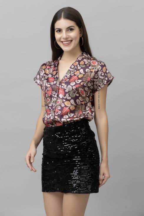 Smart Floral Printed Cuban Collar Long Sleeves Satin Casual Shirt