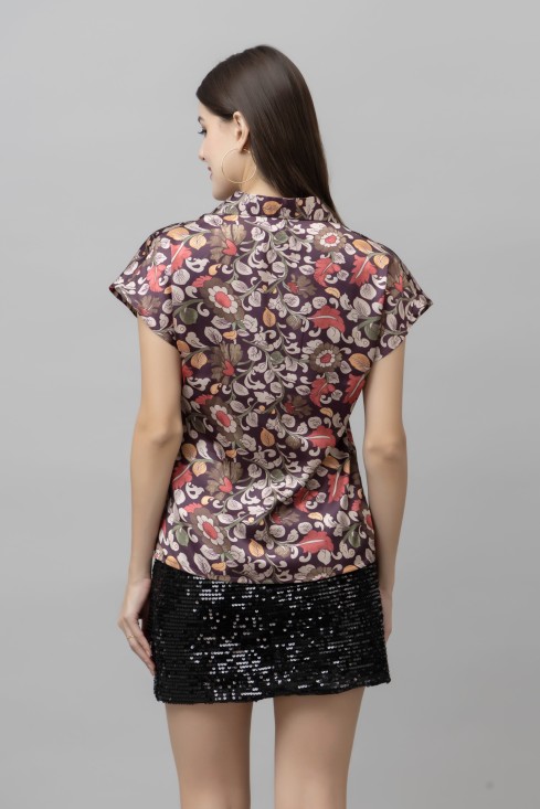 Smart Floral Printed Cuban Collar Long Sleeves Satin Casual Shirt