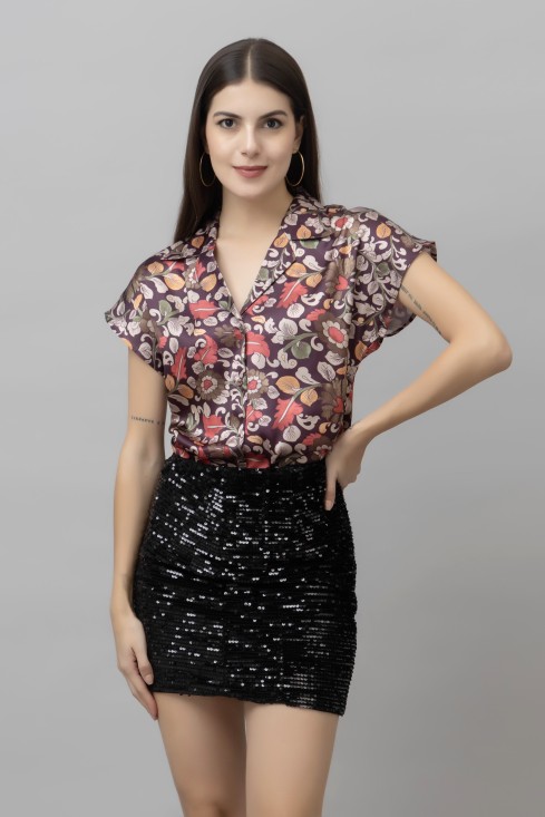 Smart Floral Printed Cuban Collar Long Sleeves Satin Casual Shirt