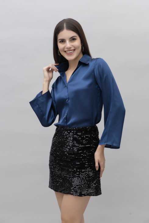 Flared Sleeves Casual Satin Shirt