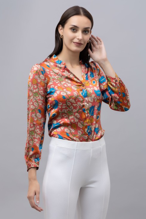 Band Collar Casual Satin Shirt