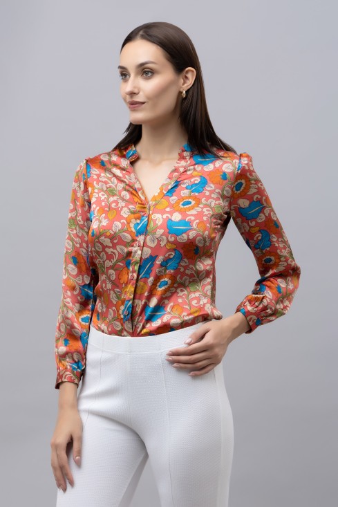 Band Collar Casual Satin Shirt