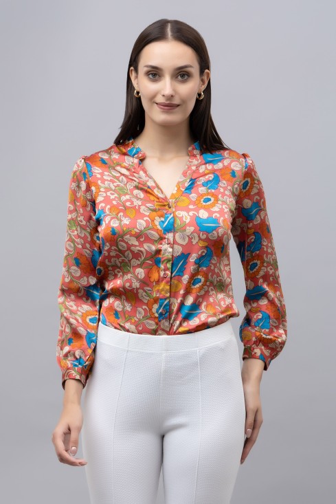 Band Collar Casual Satin Shirt