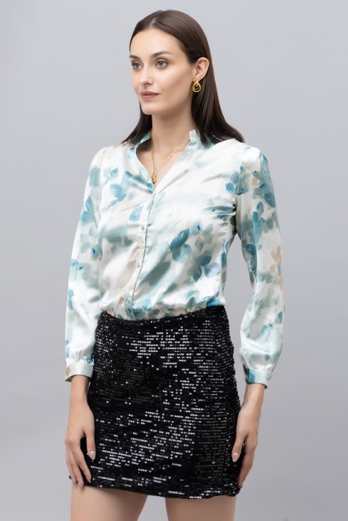 Band Collar Casual Satin Shirt