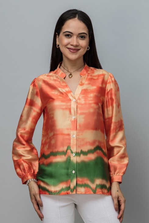 Band Collar Printed Satin Shirt