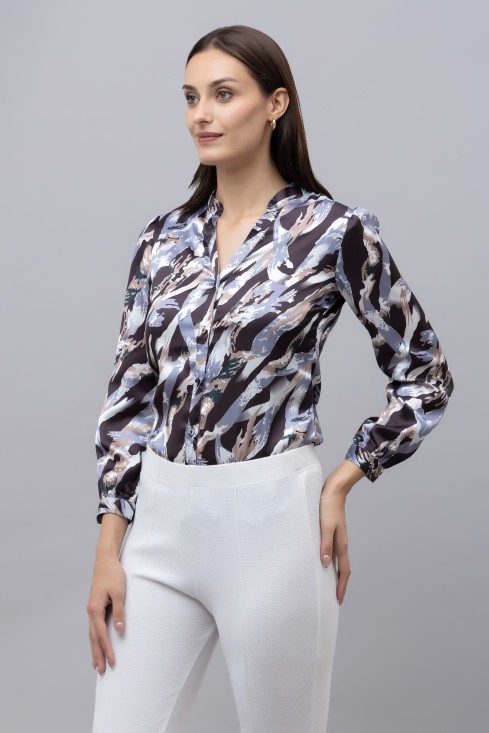 Band Collar Casual Satin Shirt