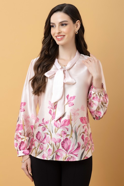 Tie-Up Neck Cuffed Sleeves Top