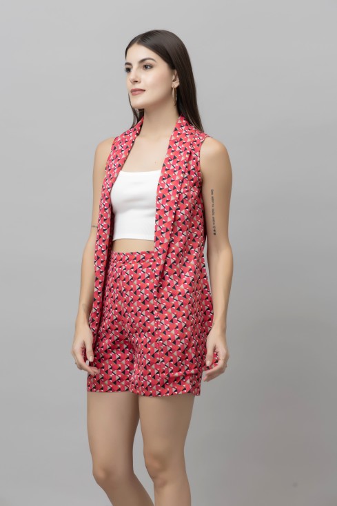 Geometric Printed Shawl Neck Sleeveless Casual Coat With Shorts