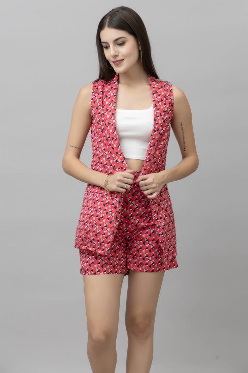 Geometric Printed Shawl Neck Sleeveless Casual Coat With Shorts