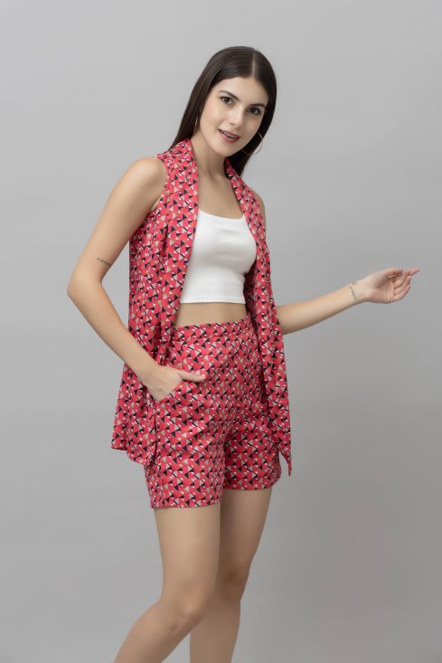 Geometric Printed Shawl Neck Sleeveless Casual Coat With Shorts