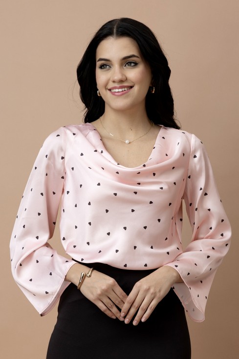 Cowl Neck Bell Sleeves Satin Top