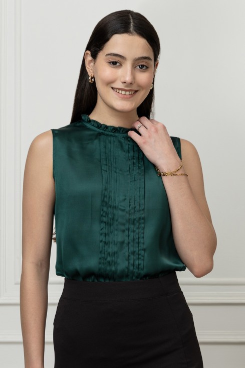 Sleeveless Pintuck Satin Top
