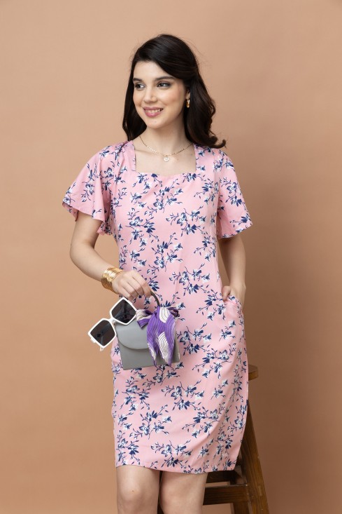 Floral Square Neck Knee Length Dress