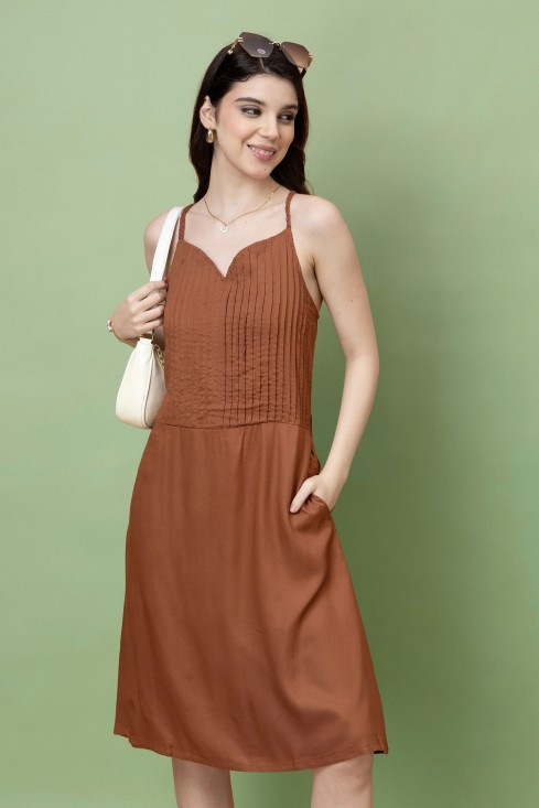 Braided Strap Pleat Yoke Dress