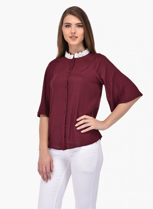PURYS maroon lace collar buttoned shirt