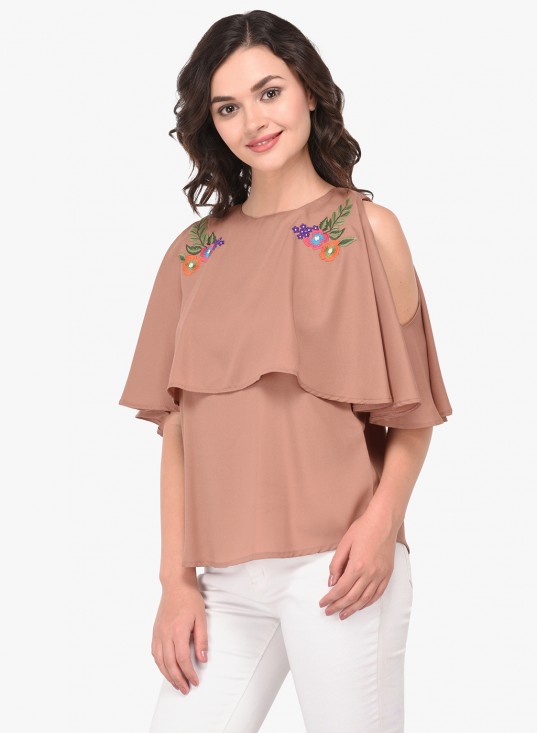 Layered Cold Shoulder Top With Embroidered Motif