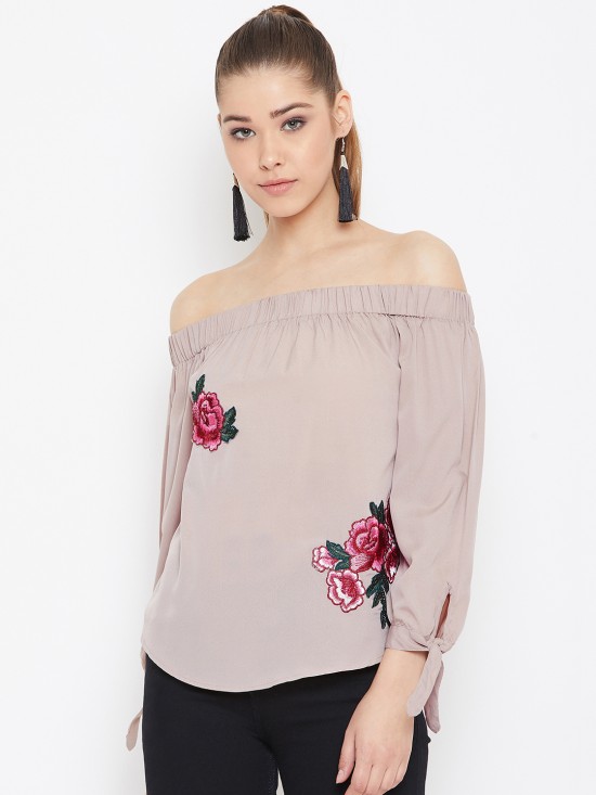 Solid Off Shoulder Top With Floral Patch