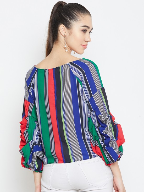 Baloon Tucked Sleeves Stripes Top