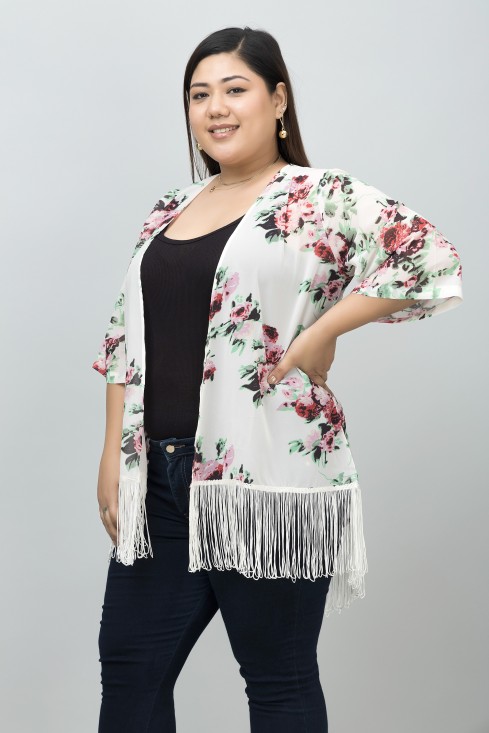 Floral Ivory Fringe Kimono