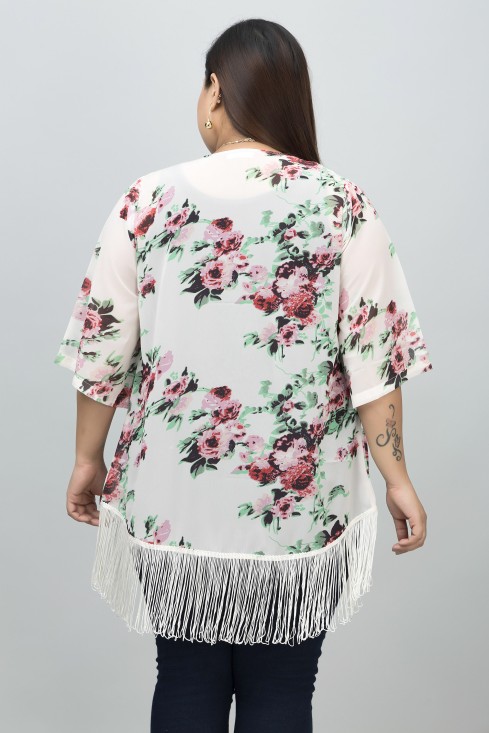 Floral Ivory Fringe Kimono