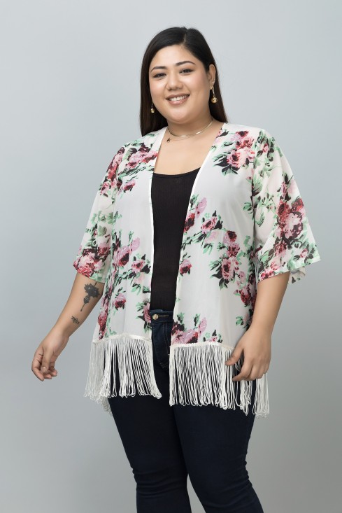 Floral Ivory Fringe Kimono