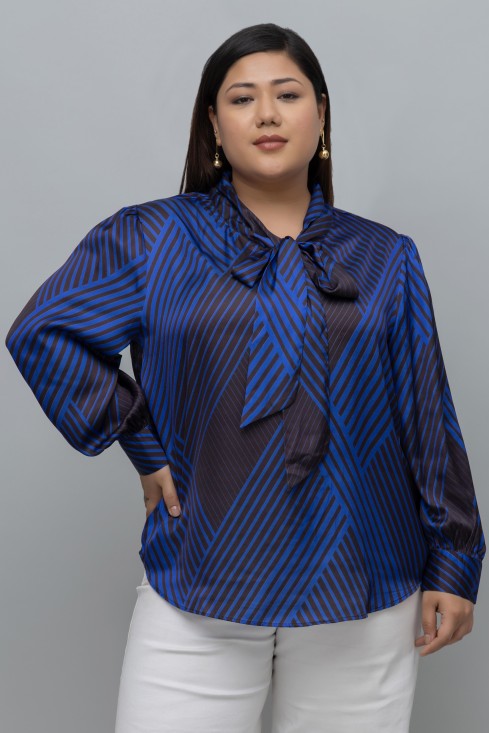 Striped Tie Up Neck Satin Top