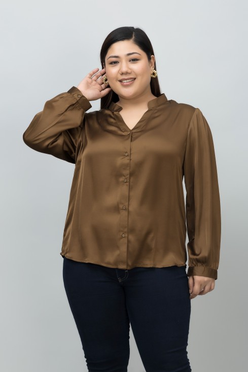 Band Collar Casual Satin Shirt