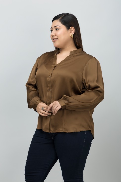 Band Collar Casual Satin Shirt