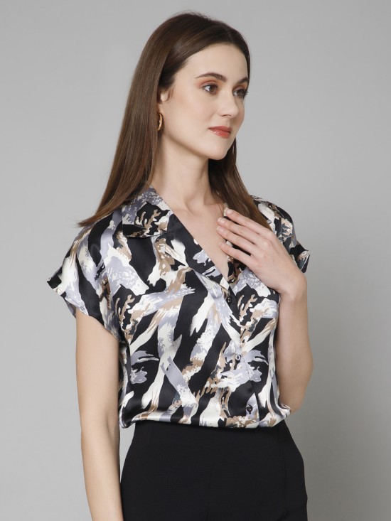 Abstract Casual Short Sleeves Satin Shirt