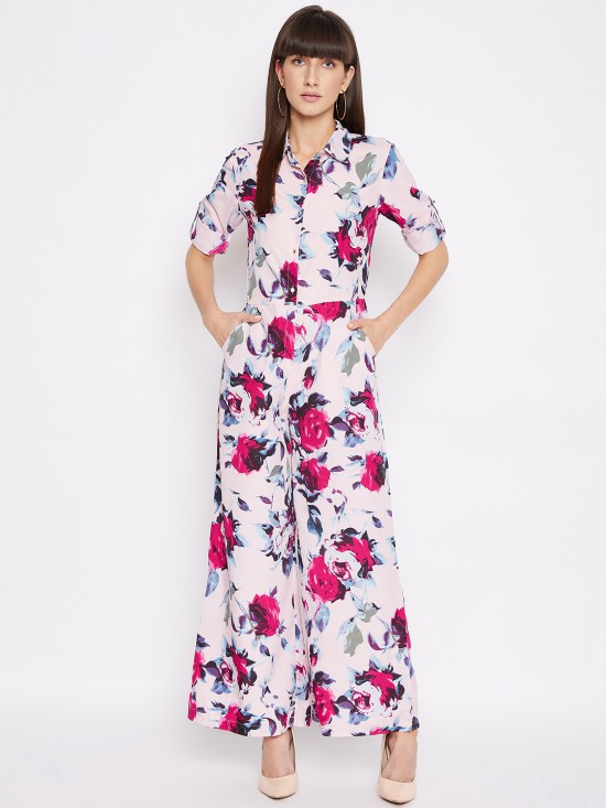 Floral printed roll up sleeves jumpsuit