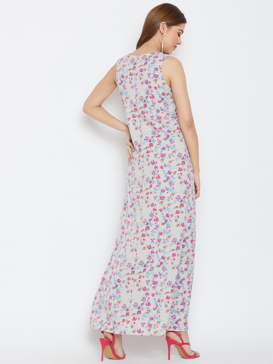 Grey Floral Printed Sleeveless Maxi Dress