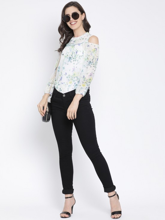 Floral Cold Shoulder Top With Lace Yoke