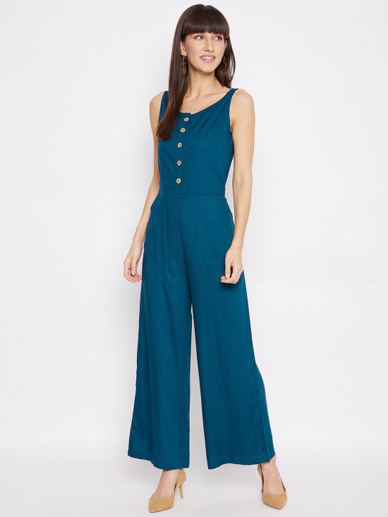 Sleeveless rayon jumpsuit with wooden buttons