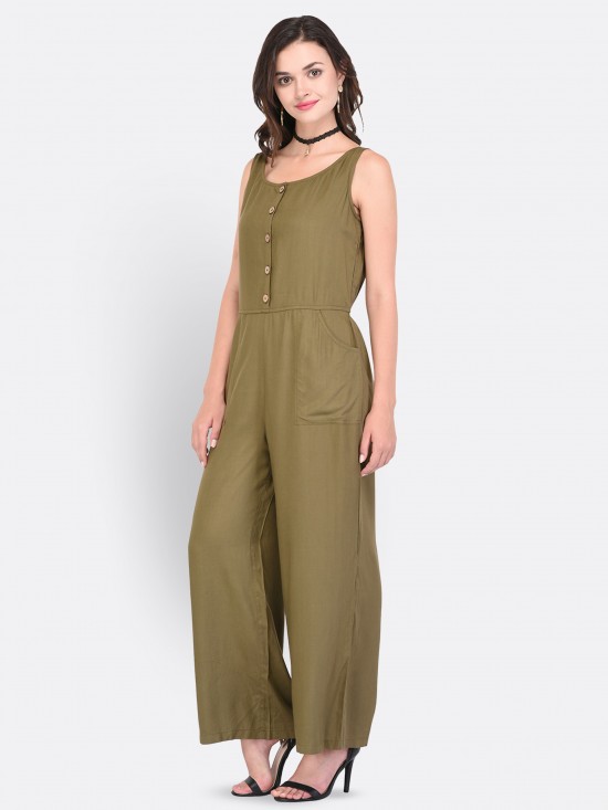 Solid Sleeveless Buttoned Placket Jumpsuit With Pockets