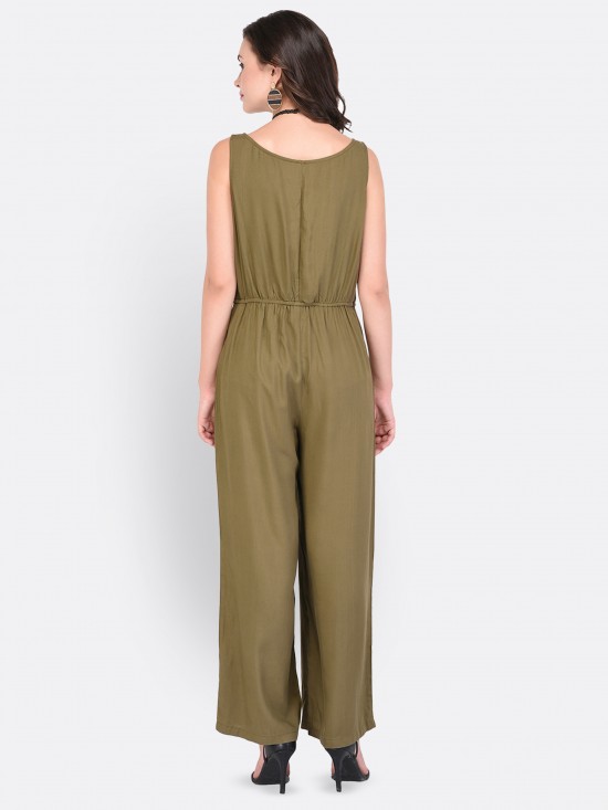 Solid Sleeveless Buttoned Placket Jumpsuit With Pockets