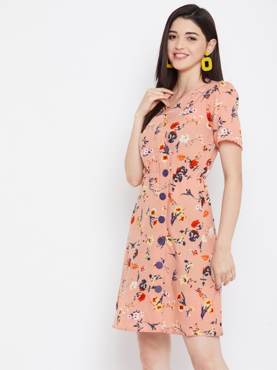 Floral printed show buttons dress