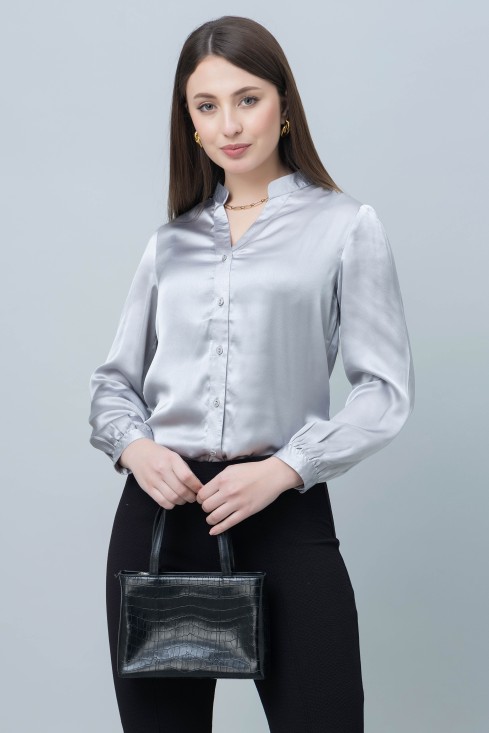 Band Collar Formal Satin Shirt
